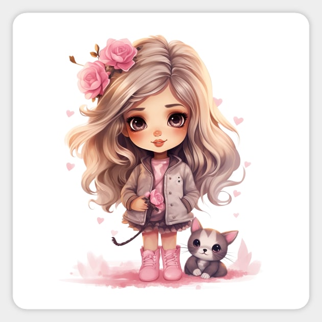 Cute girl with adorable cat Sticker by UmagineArts